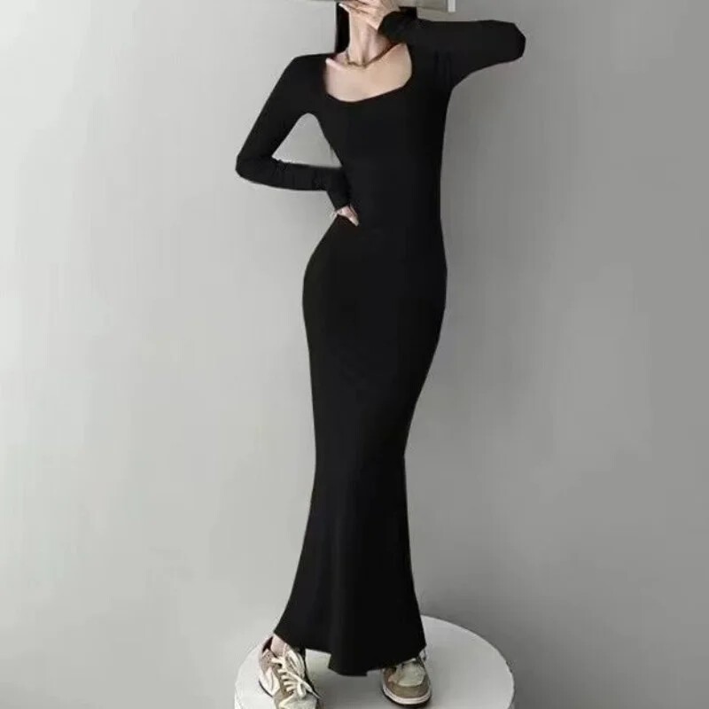 Women Spring Autumn Style Long Sleeve Low Cut Collar Solid Color Sexy Dress