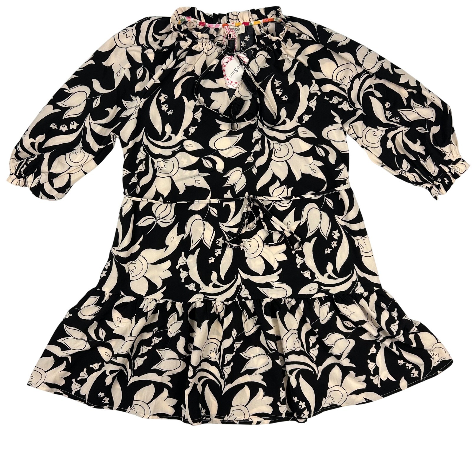 Umgee Black Cream Floral Boho Mini Dress Tassel Keyhole Tiered B8437 Women S NWT