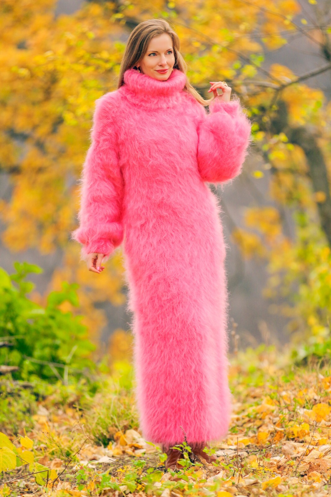 Fuzzy pink long mohair dress designer warm fluffy hand knit gown SuperTanya L-XL