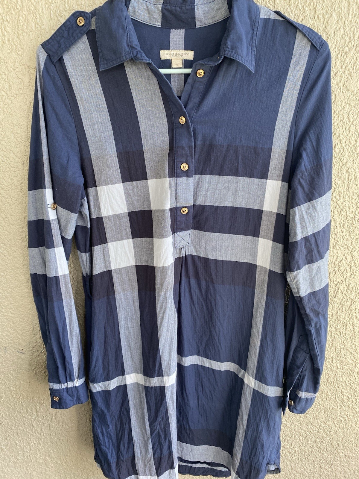 BURBERRY BRIT DESIGNER BLUE/WHITE/GRAY MULTI NOVA COTTON Long Sleeve Shirt Dress