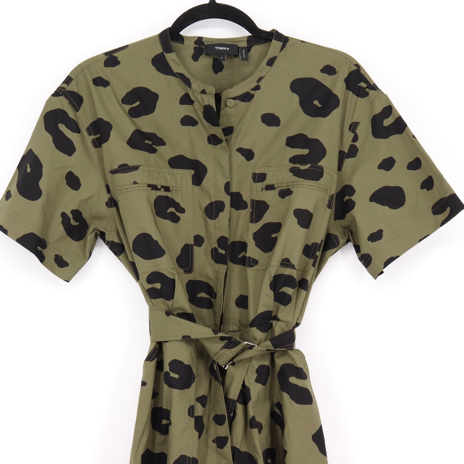 Theory Womens Leopard Print Belted Poplin Utility Shirt Dress Size 6 Green Black