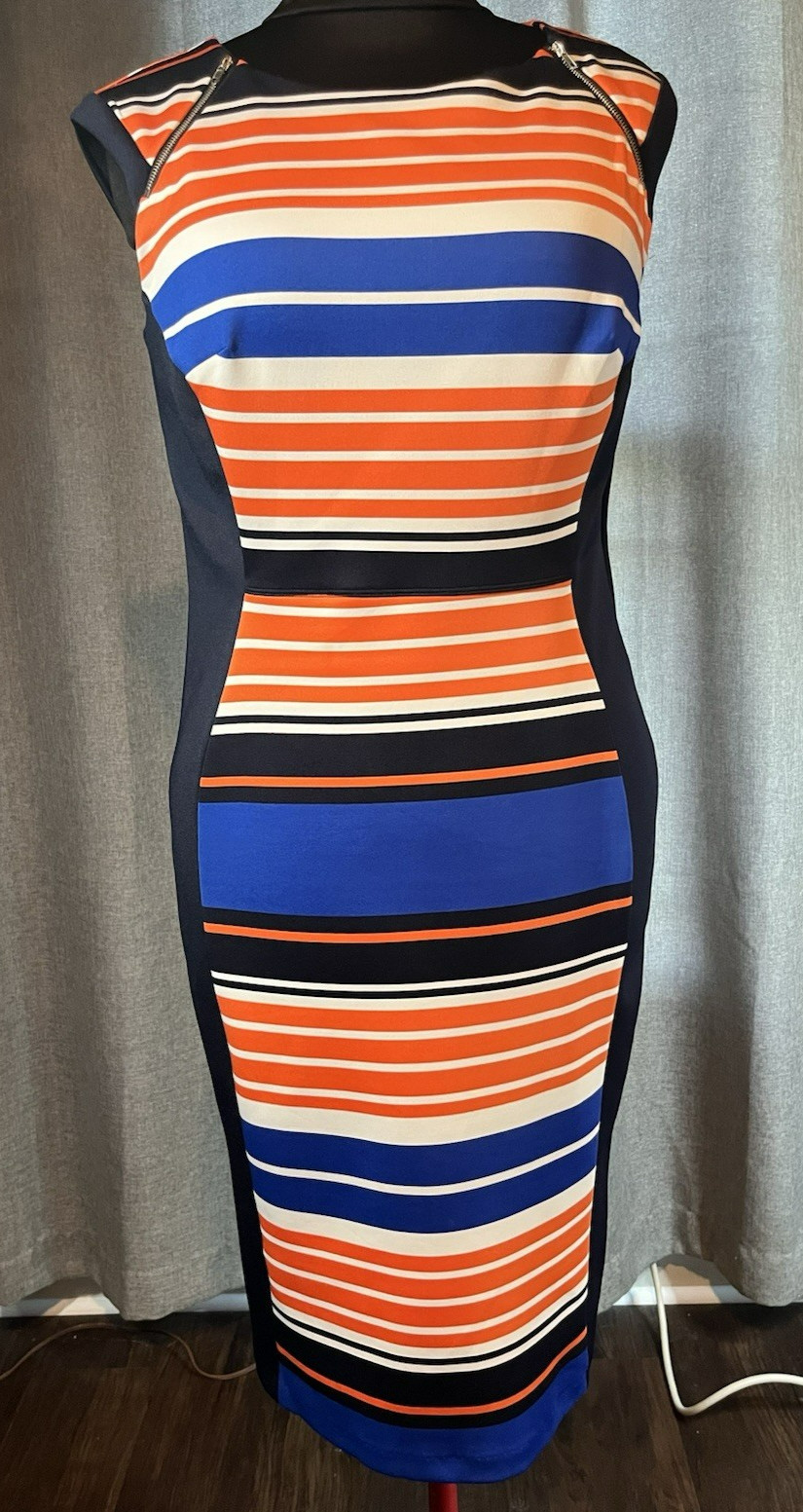 Women’s Enfocus Studio Navy Orange Blue Stripe Colorblock Sheath Dress – 12