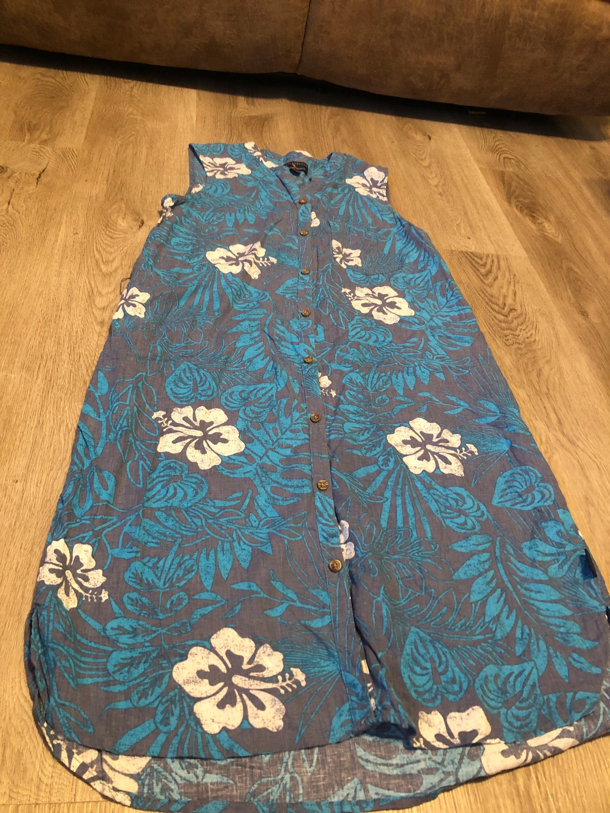 Margaritaville Hawaiian Sleeveless Dress Blue Medium Button Front Hibiscus (H77)