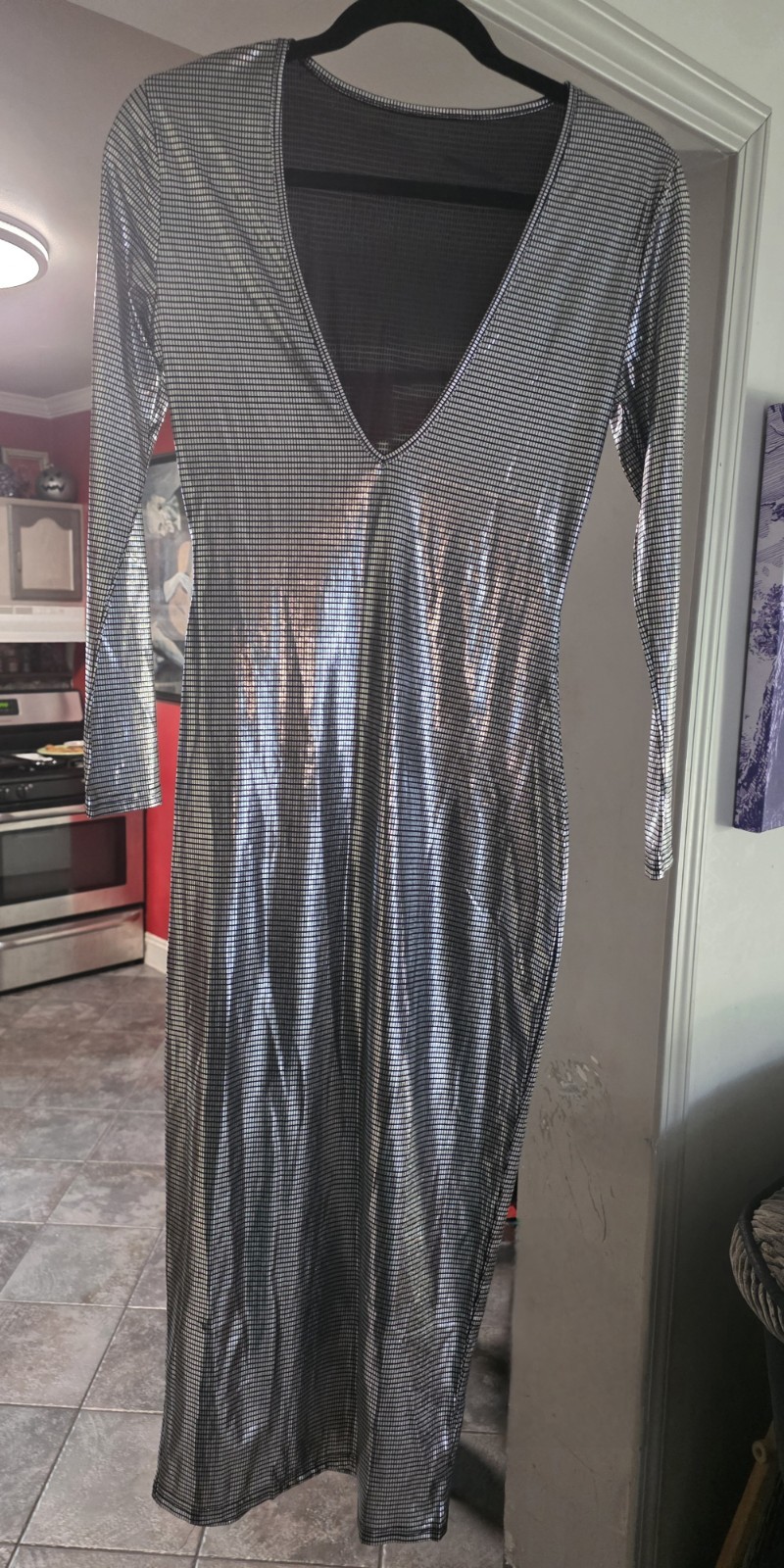 Sexy Silver Shiny Discoball Pattern Deep V Dress Size Small