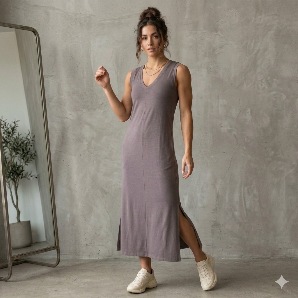 Lilla P V-Neck Seamed Maxi Dress Gray Cotton Modal Spandex Tank Shift Size M