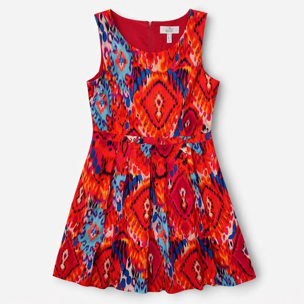 Belle Badgley Mischka Dress 14 Fits 12 Red Ikat Fit Flare Sleeveless Chic