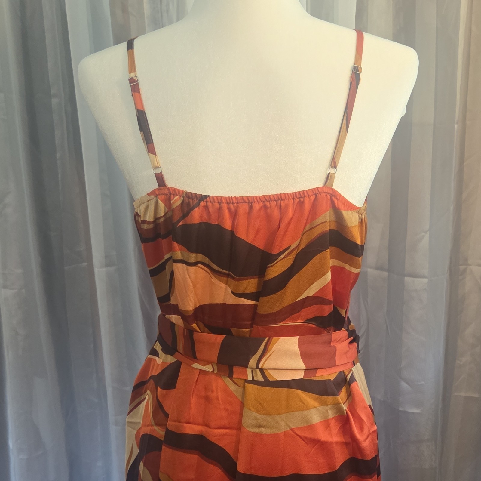 Womens Orange Brown Abstract Print Strappy V-Neck Adjustable Tie Waist Dress M