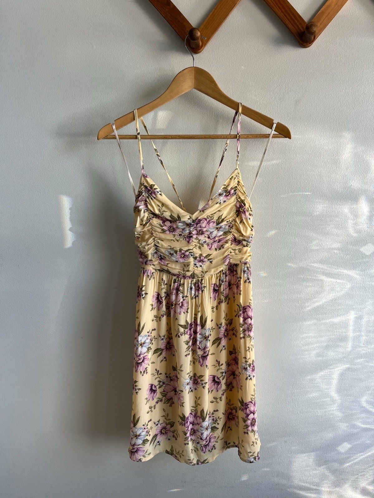 Forever 21 Yellow Purple Floral Ruched Tie Front V-Neck Babydoll Sundress M