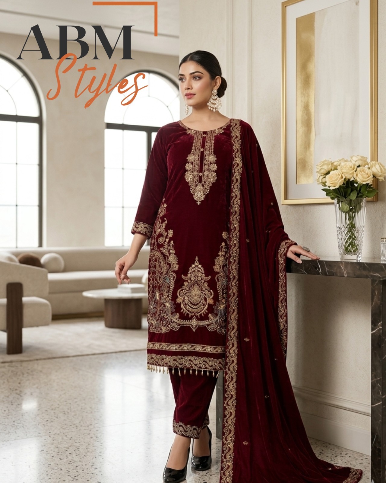 Red Embroidered Velvet Pakistani Suit Set