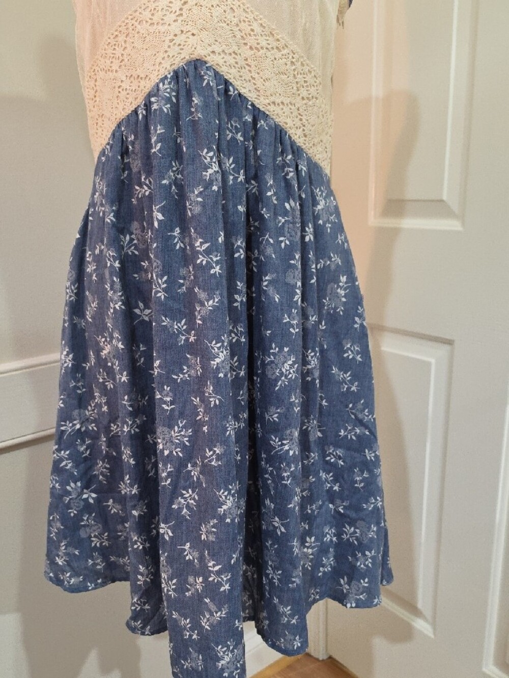 RYU Boho Cottagecore Blue Floral Lace-Up Corset-Back V-Neck Sundress – Size M