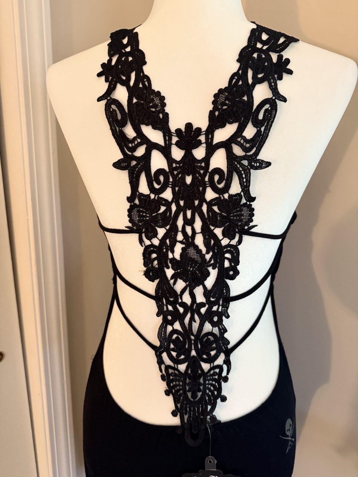 Sullen Angels Black Bodycon Dress M Backless Lace Skull Print. Tattoo. Pinup.