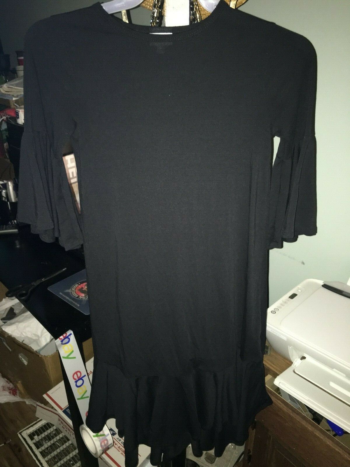 LuLaRoe Women’s Size XXS Solid Black Maurine 3/4 Ruffle Sleeve Hem Swing Dress
