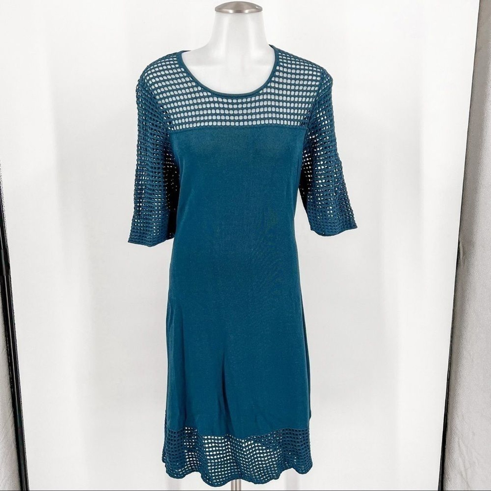 NANETTE LEPORE Ocean Teal Perforated Stretch Sweater Dress