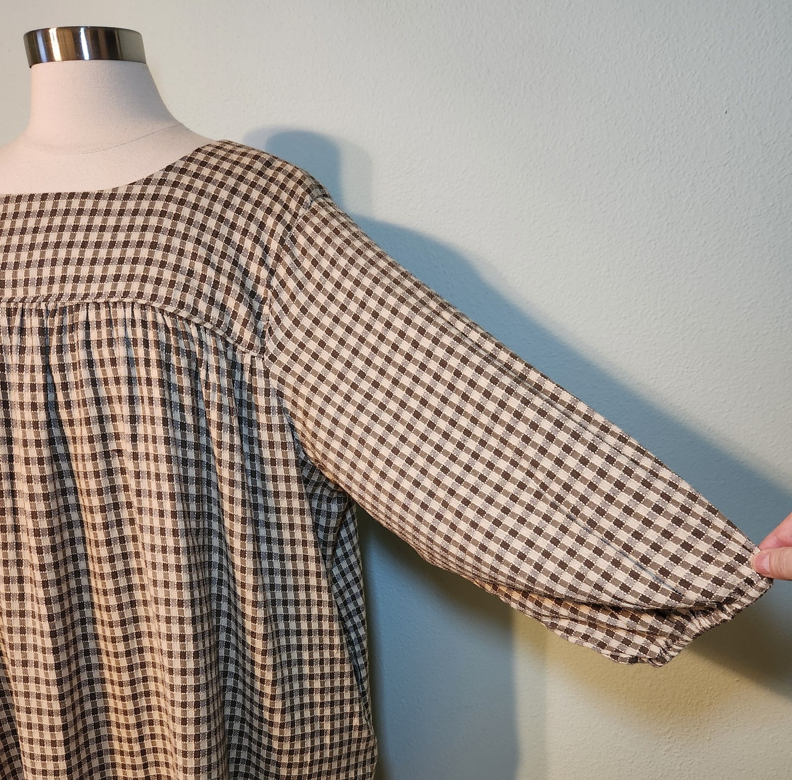 NWT ABLE Brown Gingham Cotton Blend Alyssa Mini Lined Peasant Dress Size XXL