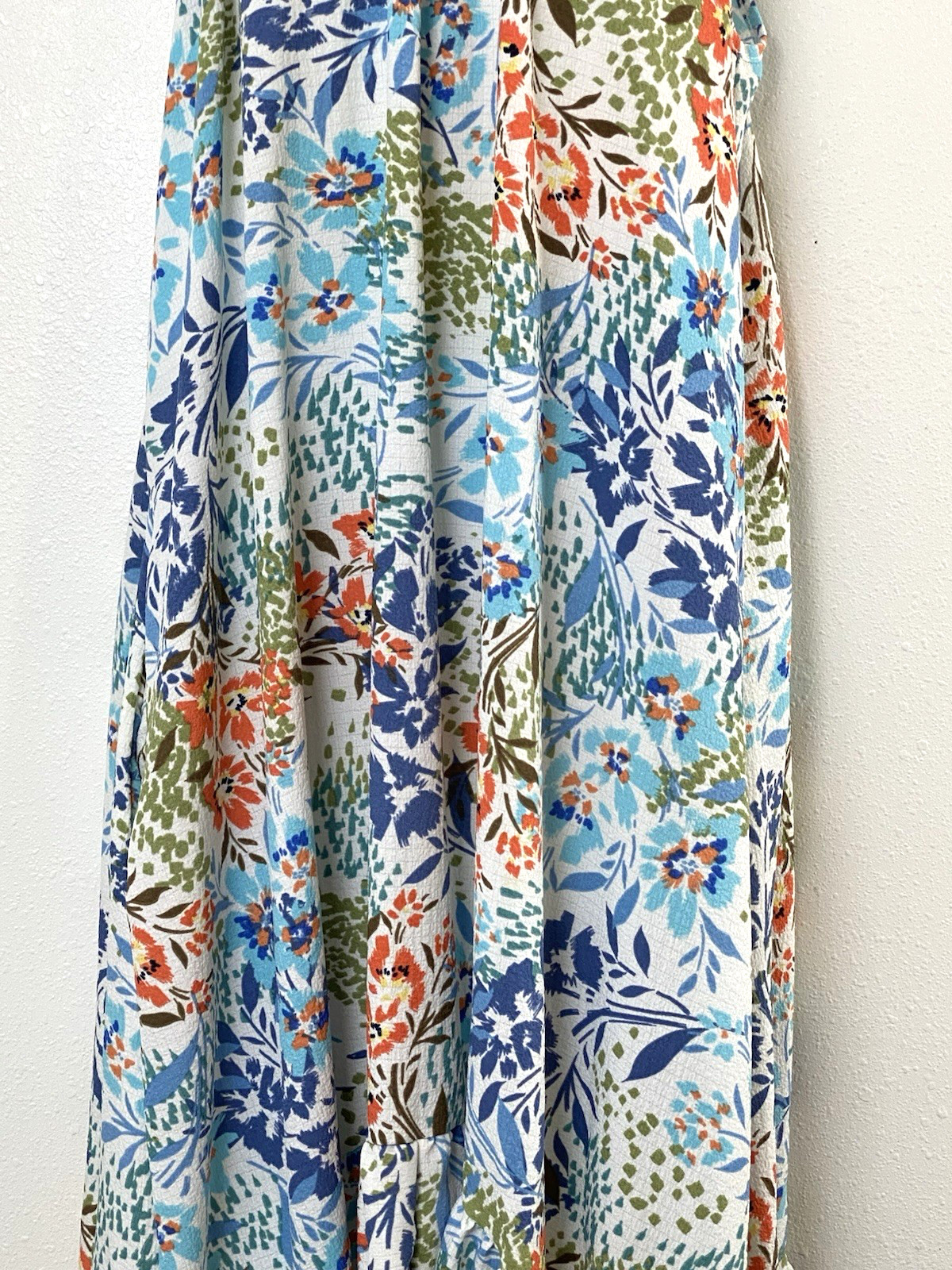 Three Bird Nest Ellie Ruffle Midi Dress Small Floral White Blue Green Boho