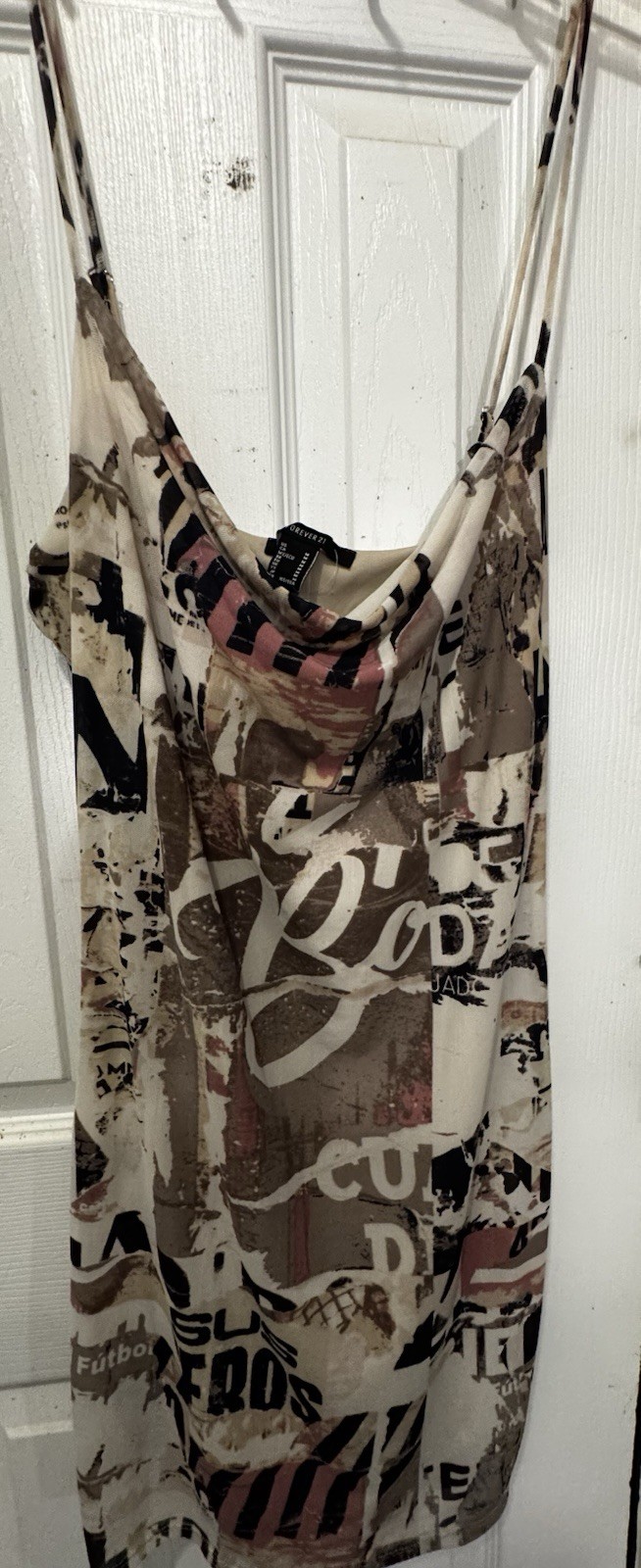 Forever 21 Beige/Brown/Black/Pink Graphic Mesh Slip Dress Cowl Neck M