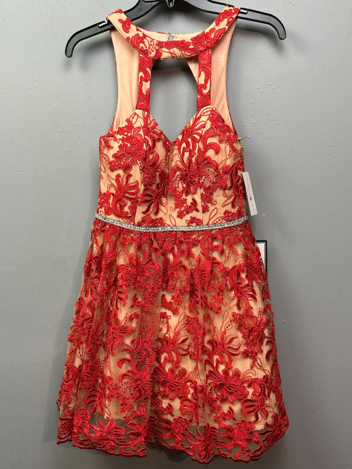 Say Yes to the Dress Womens size 1 Red Tan Lace Overlay Halter Homecoming NEW