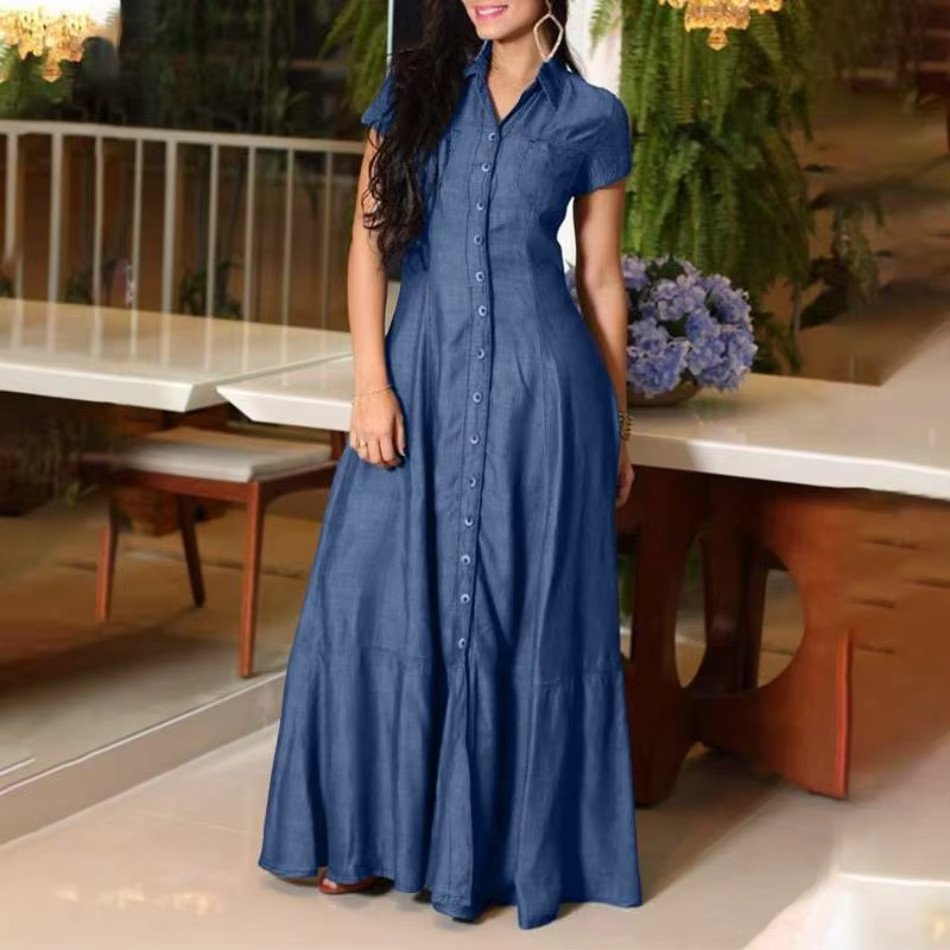 Women’s Denim Look Maxi Shirt Dress Button Down Short Sleeve Casual Summer Dress