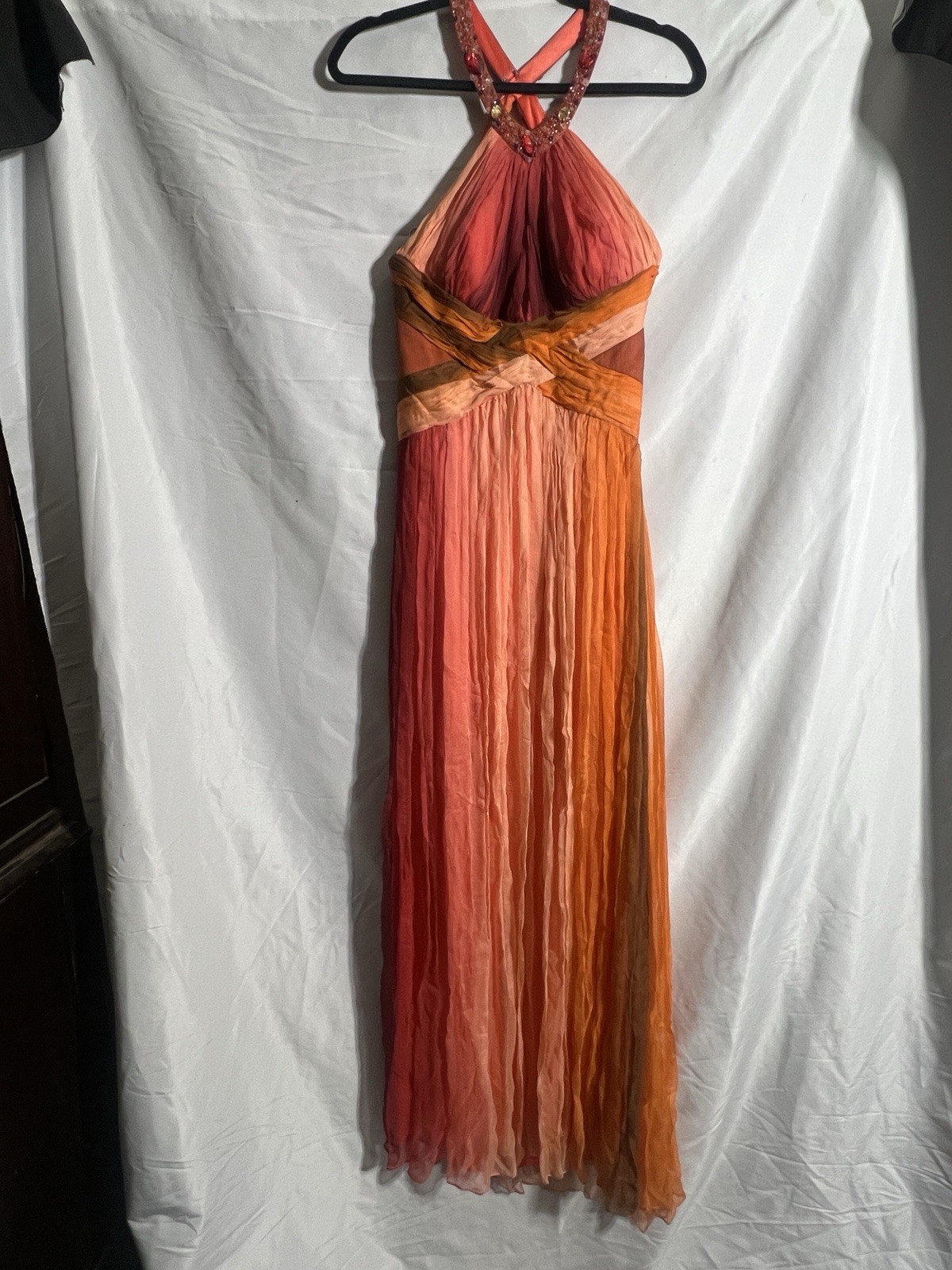 Dave & Johnny Vtg Silk Dress Sz 8 Sunset Ombre Pleated Maxi Ethereal Fairy Prom