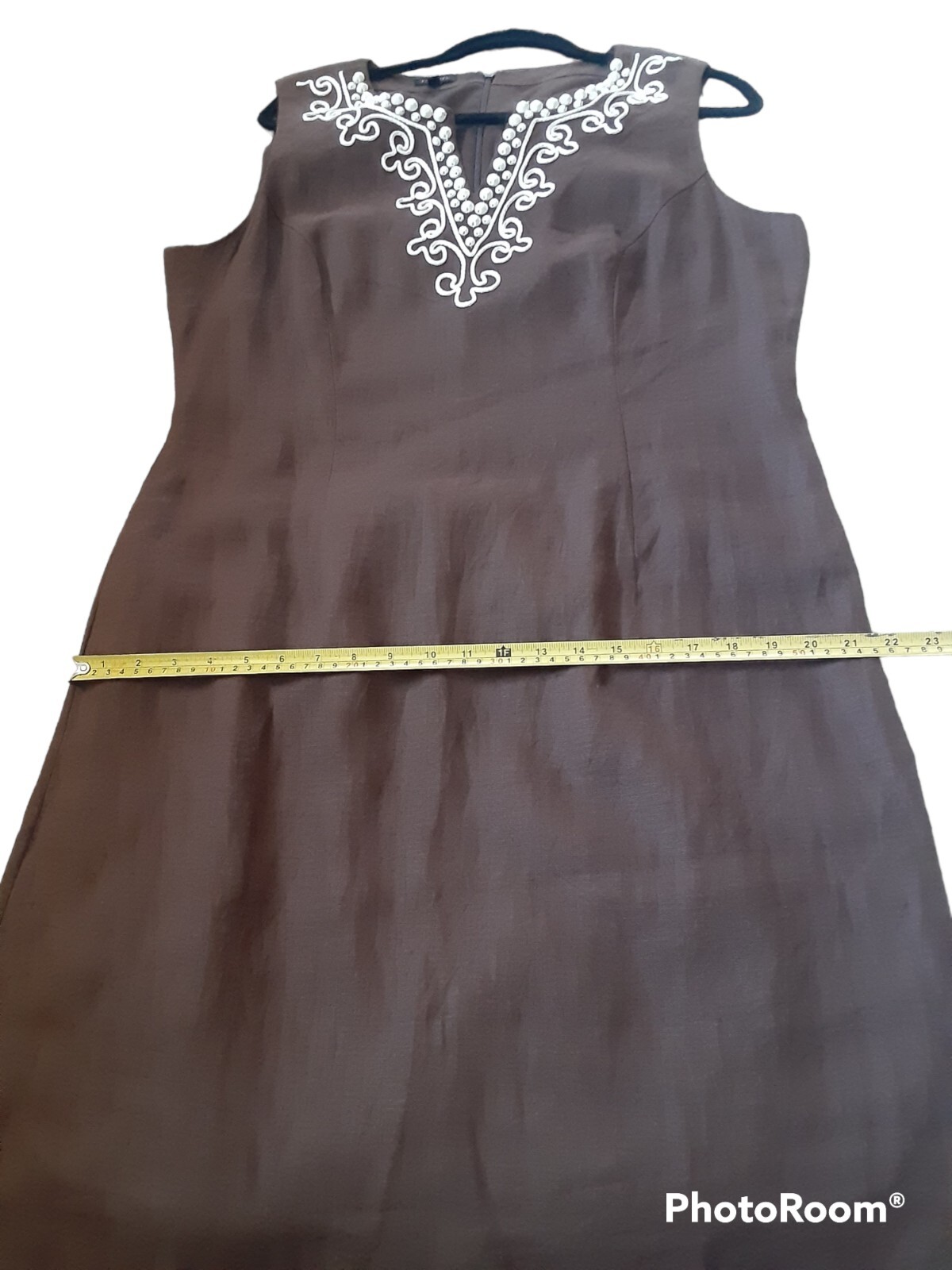Talbots Size 16 Linen Lined Sleeveless Round Split Neck Beads Knee Sheath Dress