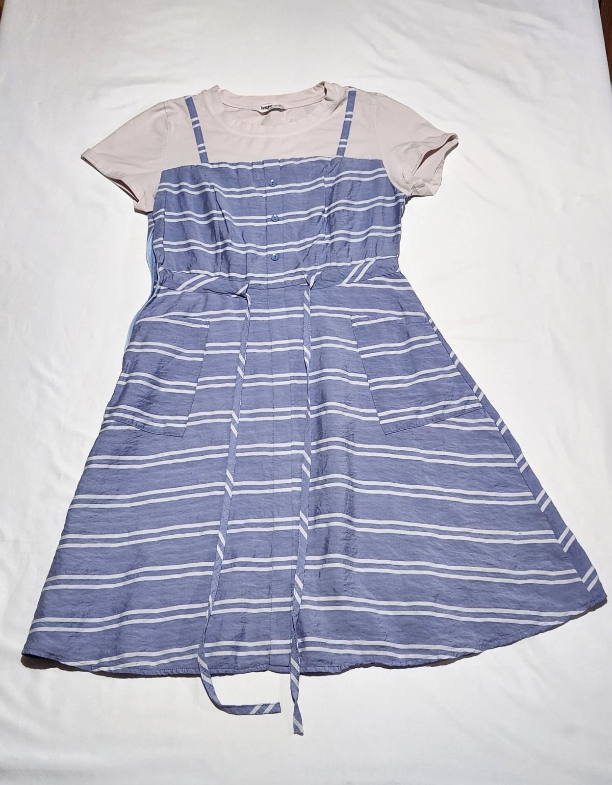 iEF Striped Two-Piece Sundress Tee Set Women M Blue White Spaghetti Strap