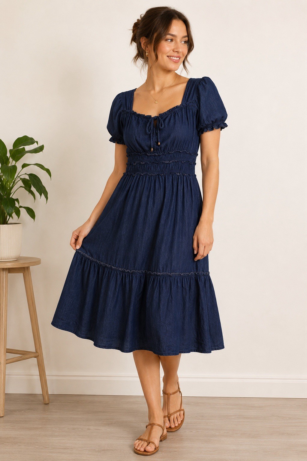 Midi Dress XL Blue Denim Smocked Waist Tiered Western Cowgirl Prairie Boho