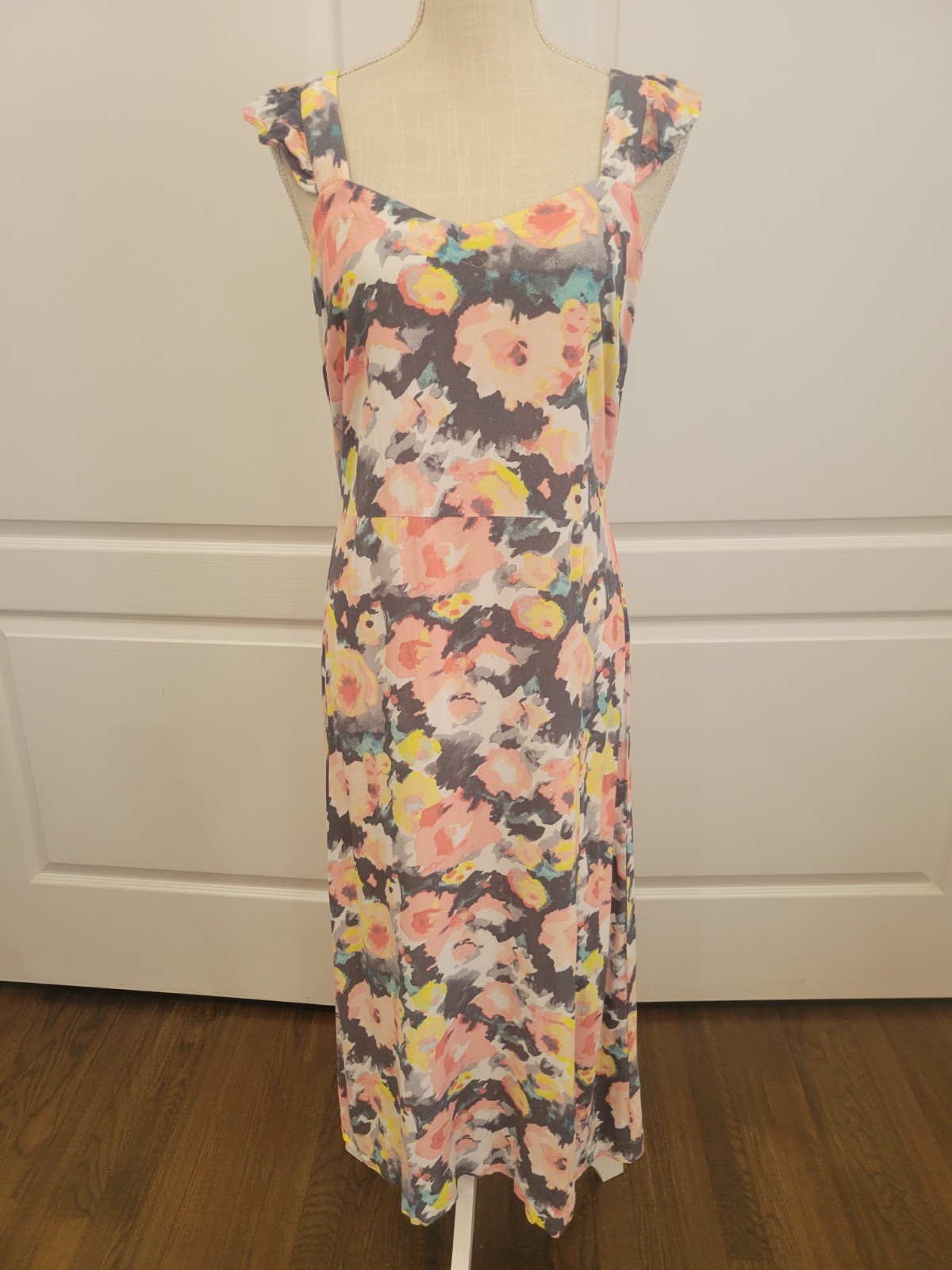 Gray Pink Floral Midi Dress Sleeveless Empire Waist Slit Lined Loft 8