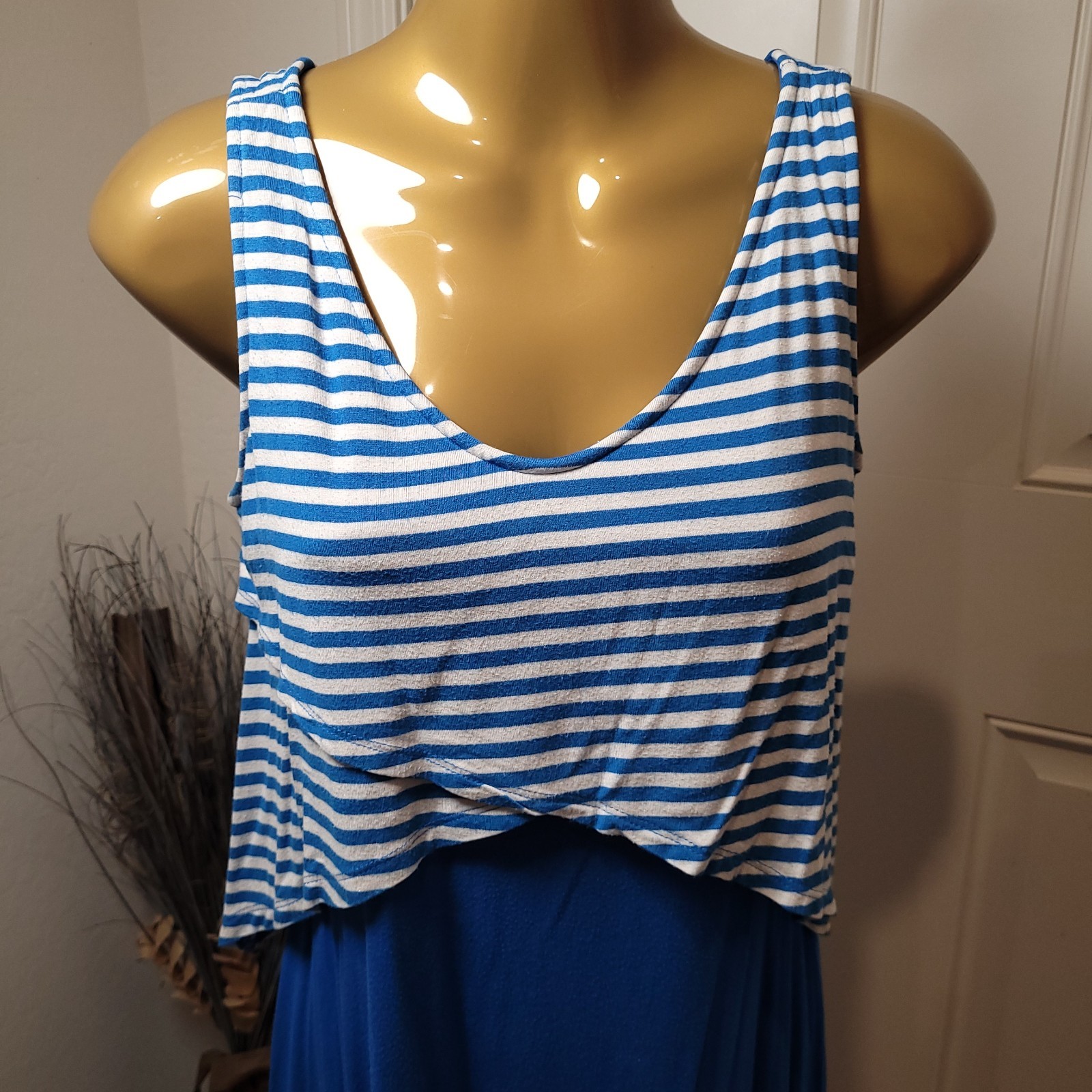 Style & Co. Striped Cropped Top Solid Blue Bottom Front Sleeveless Petite Small