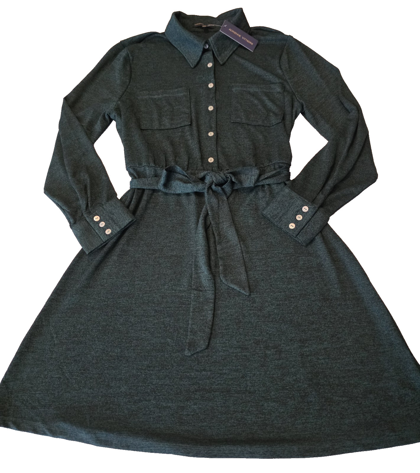 Adrienne Vittadini Long Sleeve Collared Belted Shirt Dress NWT XL Dark Green