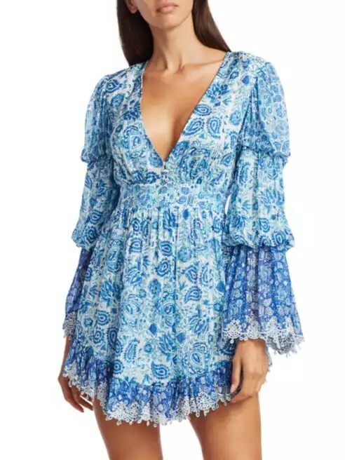 HEMANT & NANDITA ‘Paisley’ Metallic Pleated Long Blouson Sleeve Mini Dress, XS