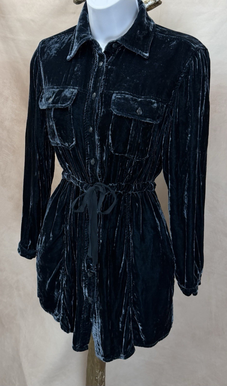 Coldwater Creek Blue Silk Blend Velvet Button Up Drawstring Dress Size XS (4)
