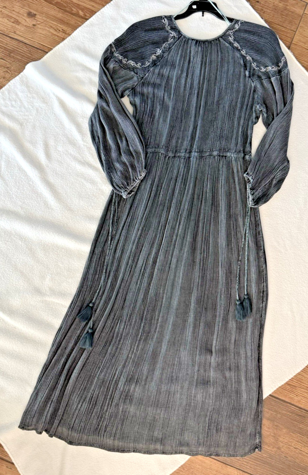 Sweet Magnolia Embellished Boho Prairie Beaded Maxi Dress Size Large Gray Teal