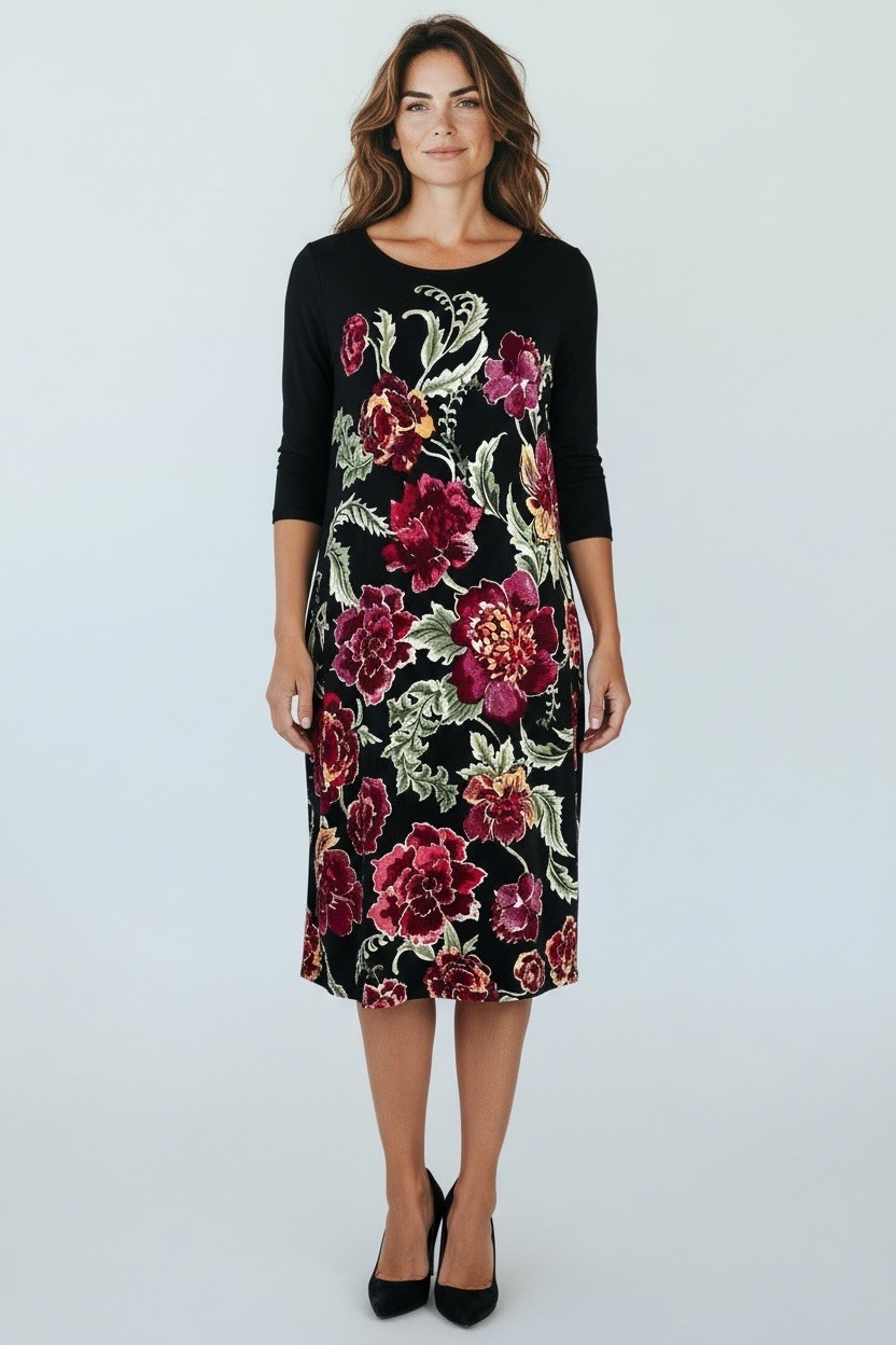 New Chico’s Travelers Heritage Floral Black Red LS Dress Wrinkle Resistant 2 Lg