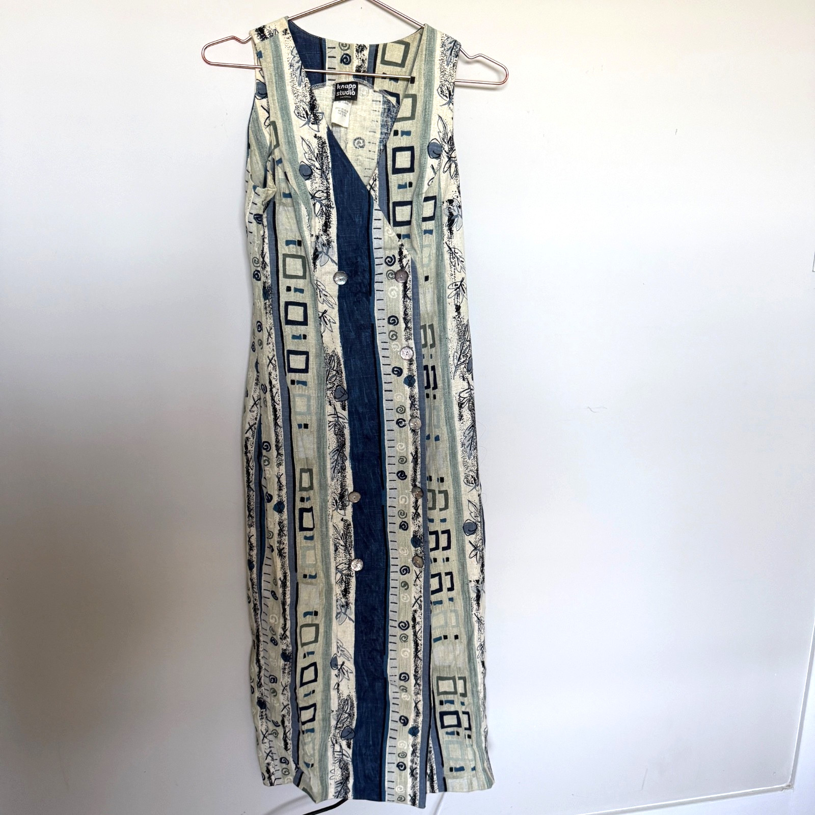 Vintage Knapp Studio Linen Maxi Dress Size 7 Button Down Retro Art to Wear 90s