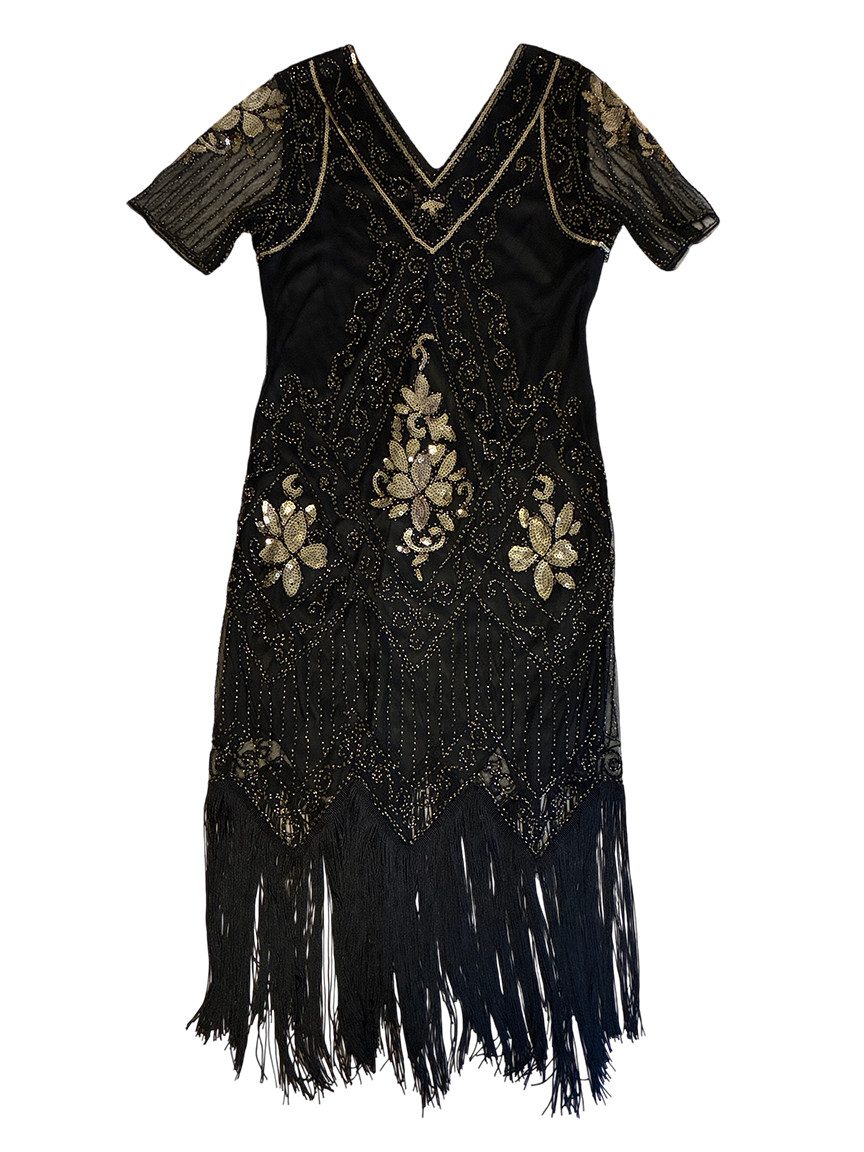 BABEYOND 4XL Black Gold Sequin Fringe Flapper Dress 1920s Gatsby Art Deco