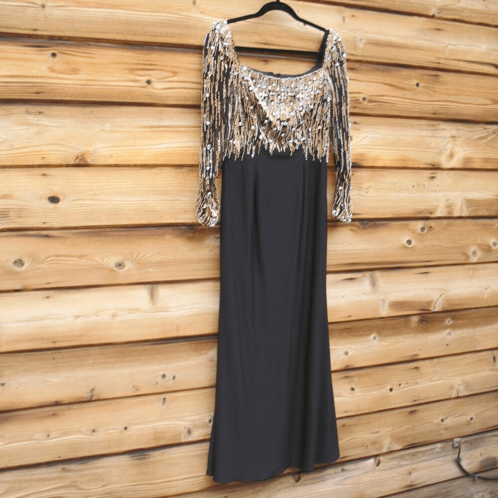 MAC DUGGAL 2256 Black Beaded Square Neck Long Sleeve Jersey Gown Size 8