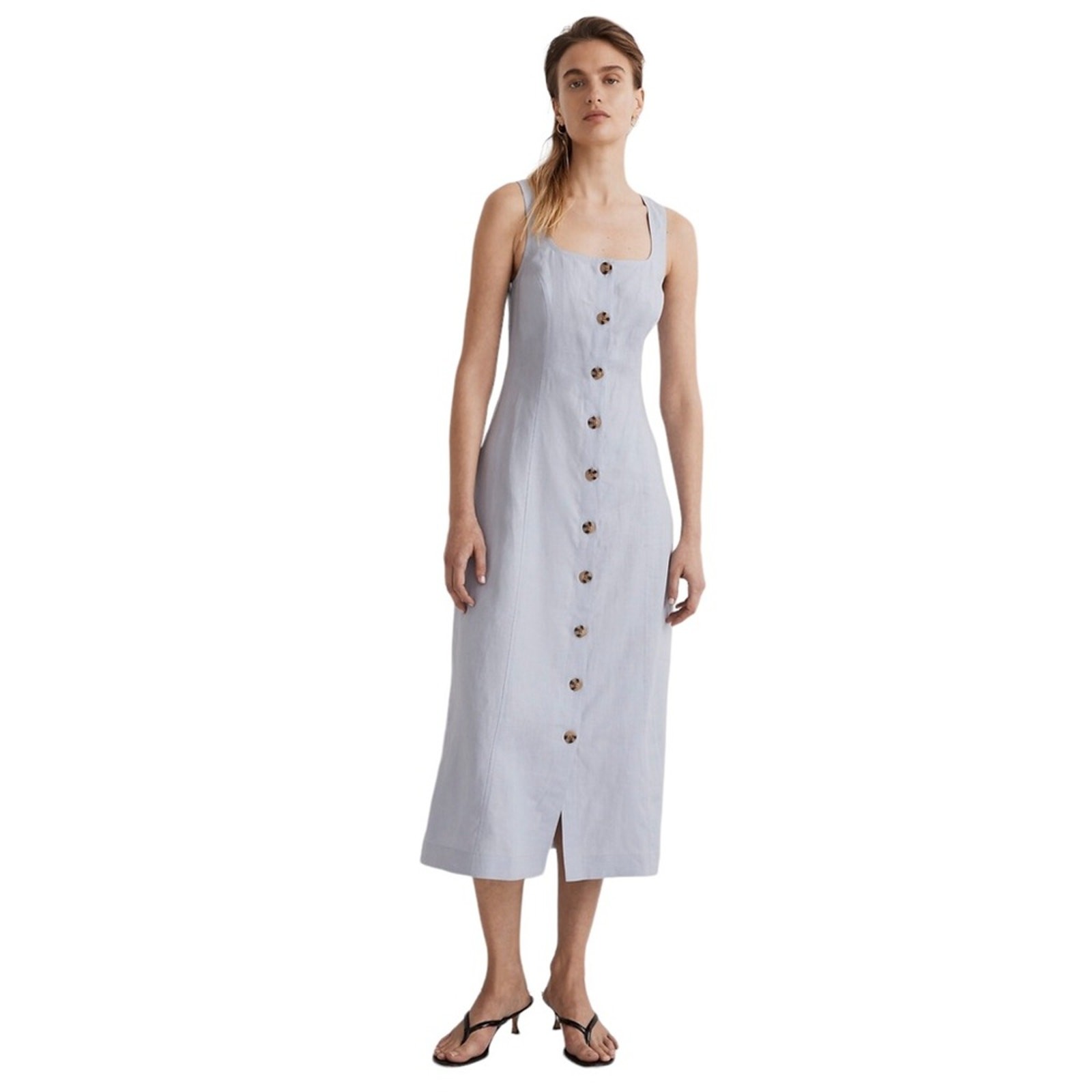 MADEWELL Button Front Midi Dress in 100% Linen in Distant Periwinkle Size 12 P