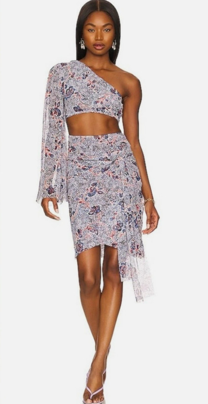 Misa Los Angeles White, Blue, Red Floral Mesh Calypso Cutout Dress, Size M, NWT!