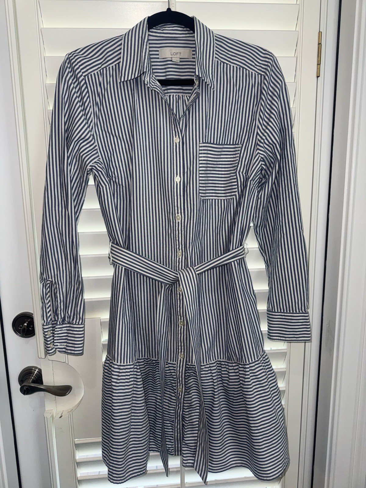 LOFT Small Blue White Stripe Button Long Sleeve Shirt DRESS w/ Belt Cotton Modal
