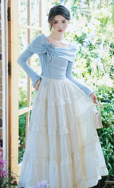 Fashion Women’s Floral Long Sleeve tops Sweet Wrap mesh cake skirt Dress set 2pc