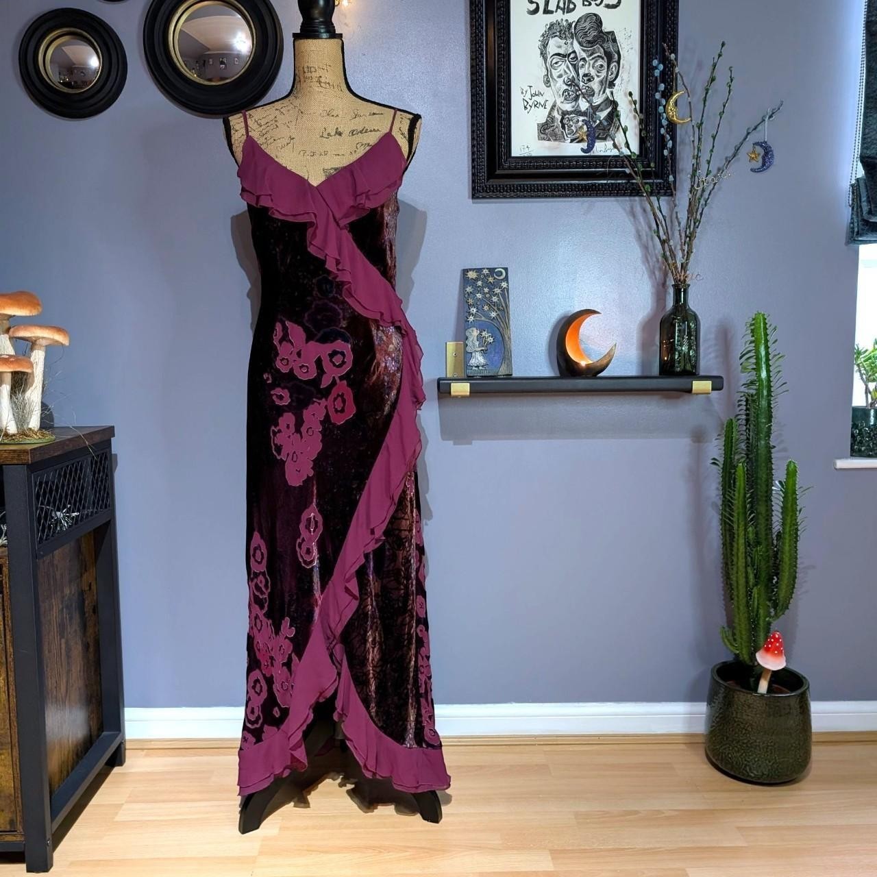 Vintage 90s Monsoon Burgundy & Purple Velvet Devore Midi Dress