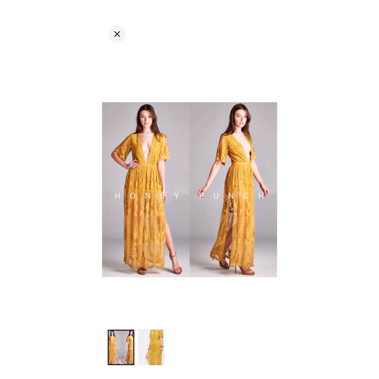 Honey Punch Chloe Lace Maxi – Mustard Yellow / Gold Boho Plunging V-Neck Small