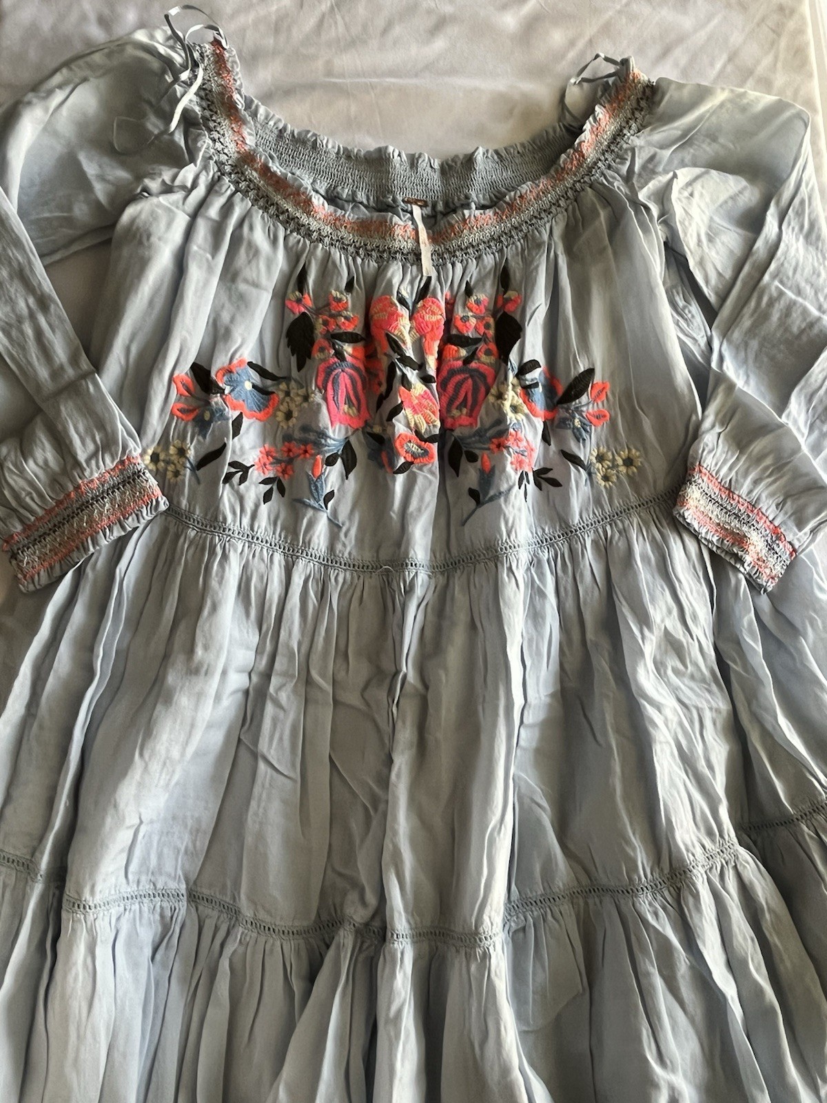 Free People Boho Embroidered Off Shoulder Dress Blue Floral Tiered Midi