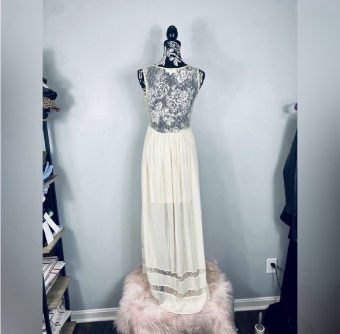 Aniina floor length cream/green trim lace dress size medium