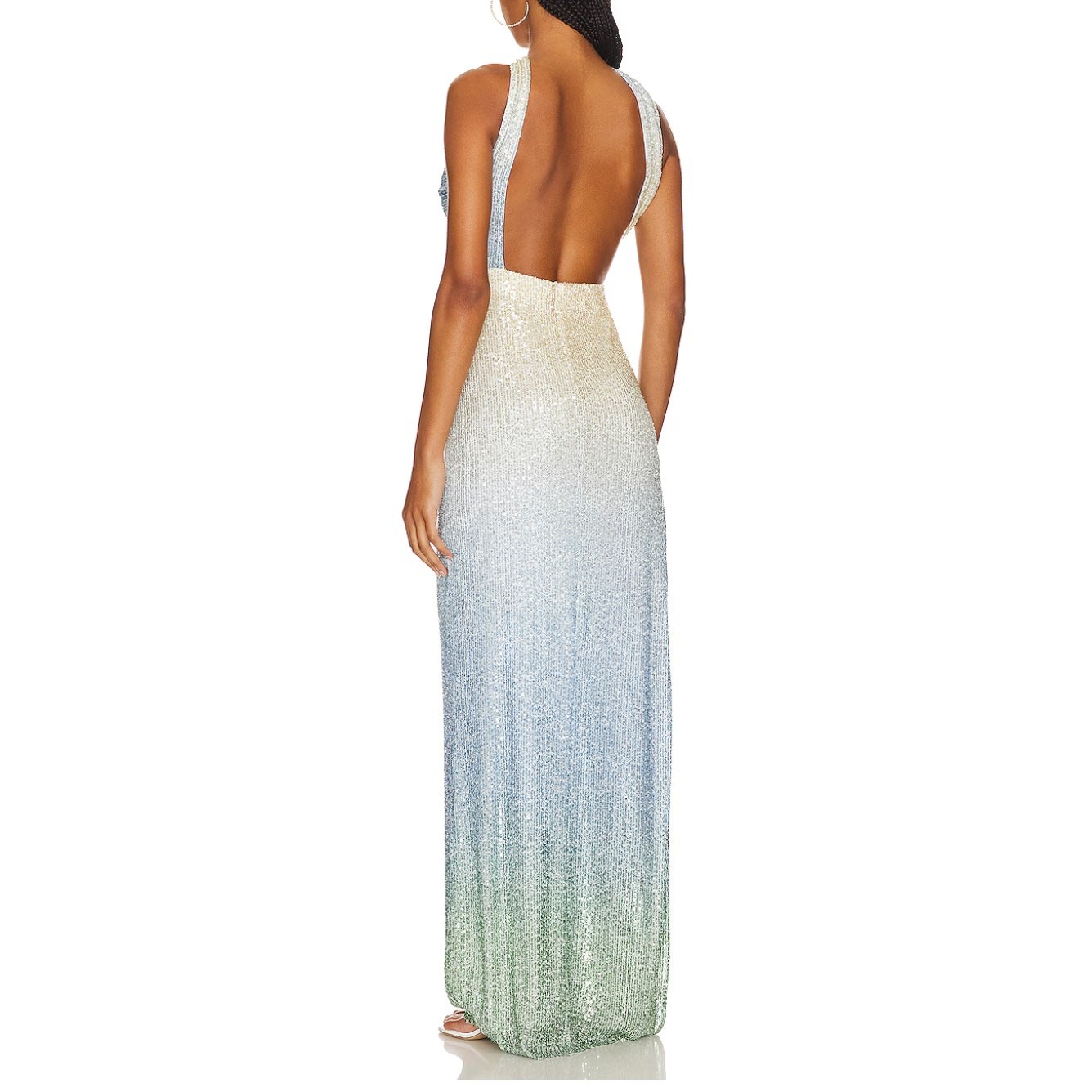Meltem Ozbek Blue Sequin Gown SIZE 6 Cutout Ombre Formal Slit Designer $750 NEW