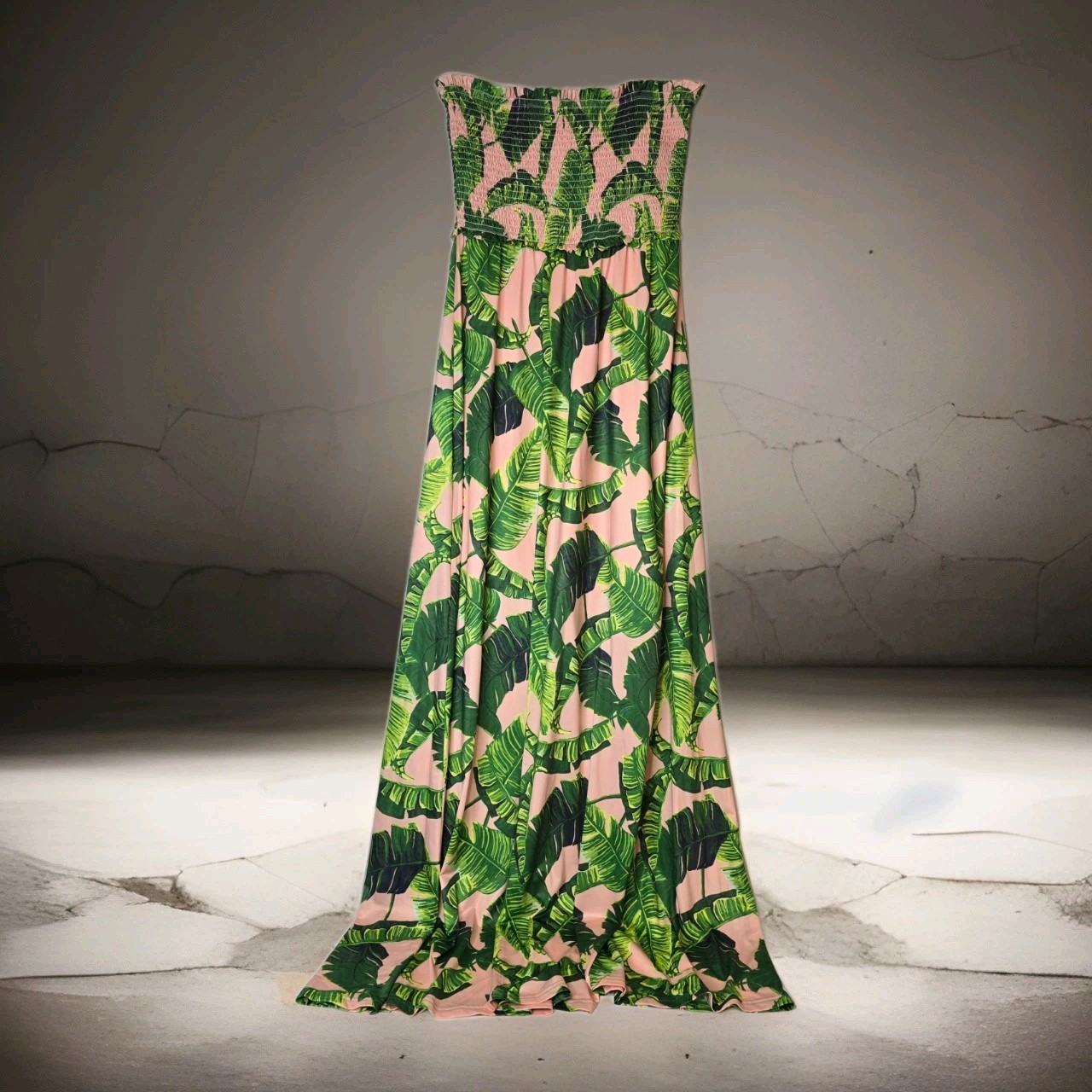 JUDITH MARCH PALM TREES PRINT LONG STRAPLESS DRESS LT PINK/GREEN RARE SZ: LG NWT