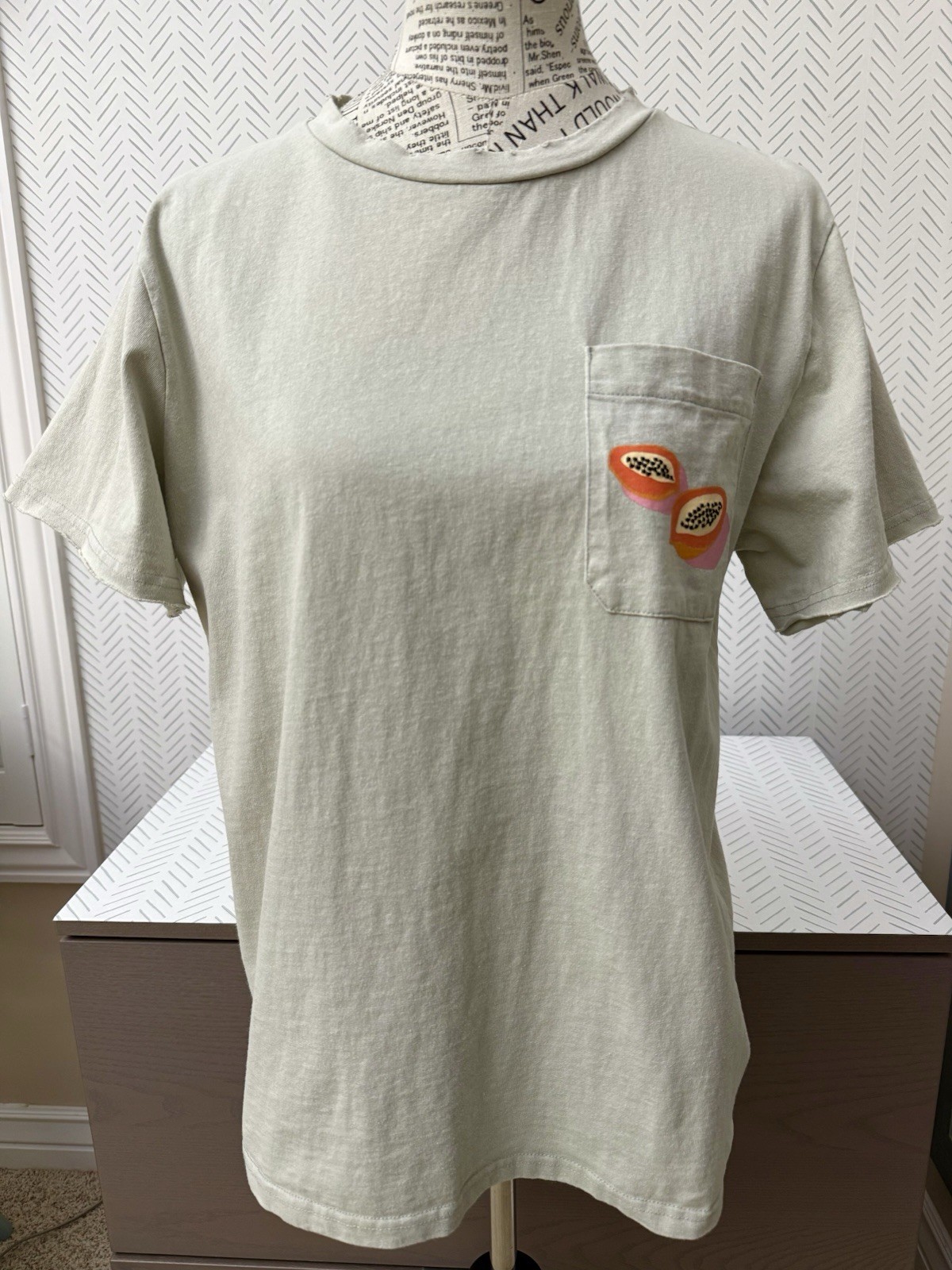 Women’s ROOLEE Tee T-shirt Papaya Embroidered Pocket Sage Green Distressed L