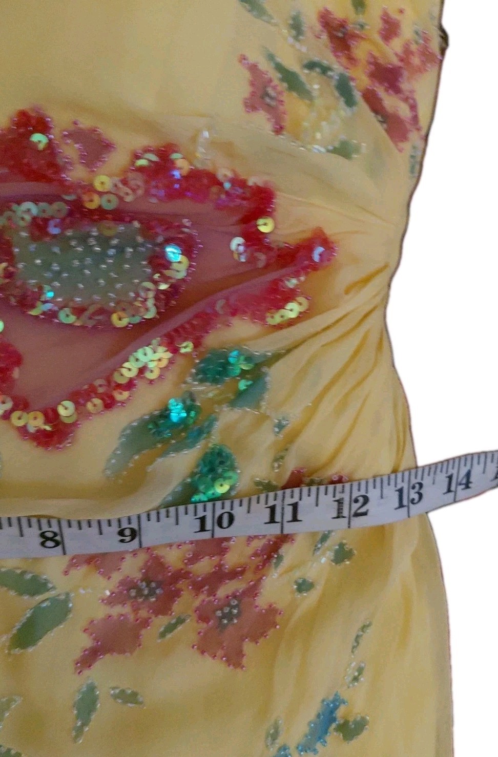 Vintage Cache Yellow Dress Maxi Beaded Floral Gown 2 S Silk Y2K Glam Evening