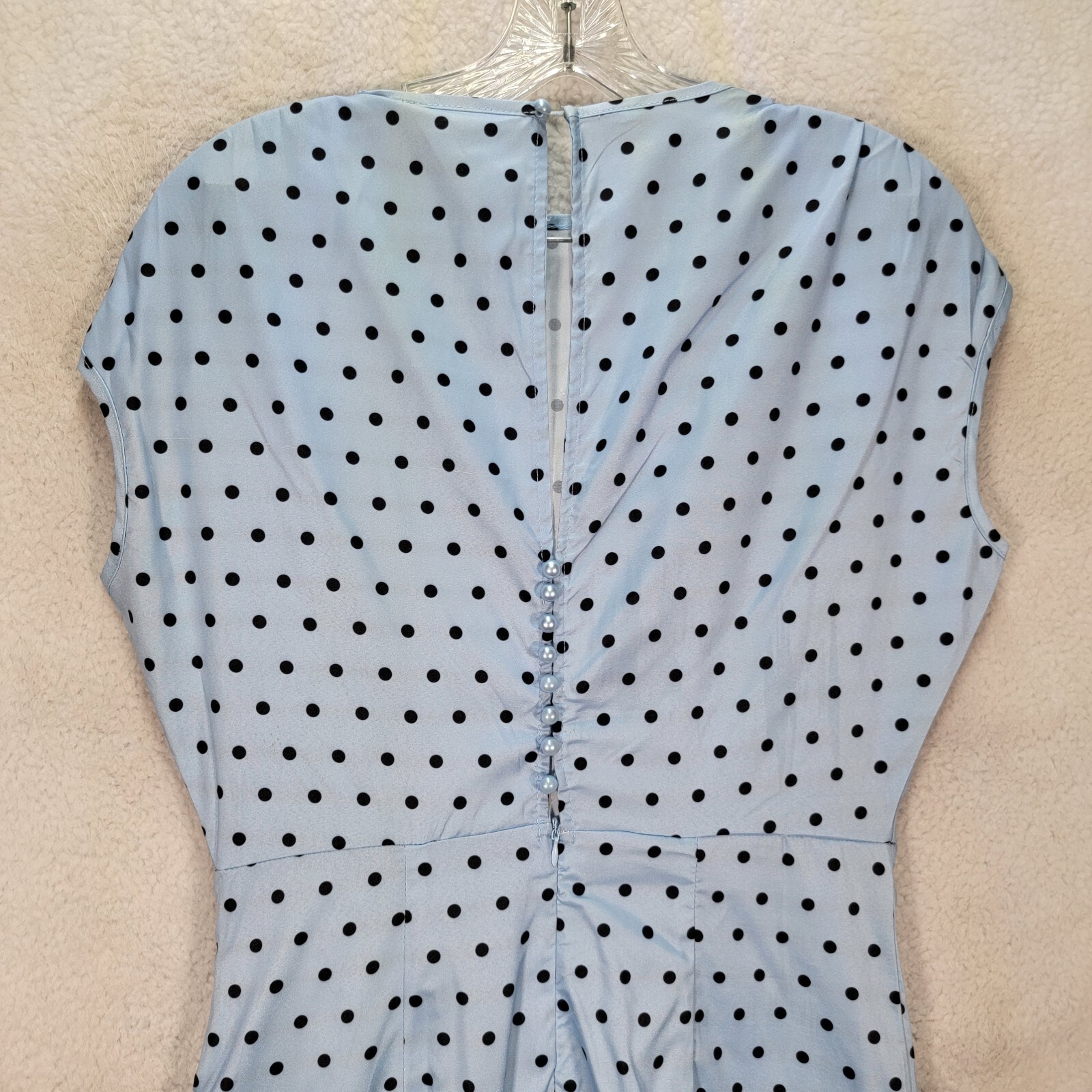 Sky Blue Polka Dot Stretch Pleated Mock Wrap Sheath Elegant Women Dress Size S