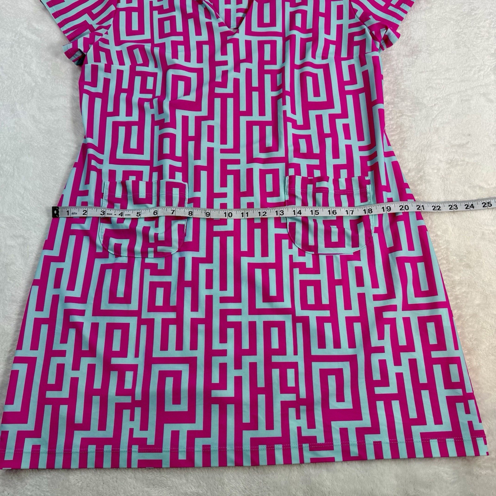 Britt by Britt Ryan Pink Blue Shift Dress Sz LG Nylon/Spandex V Neck Pockets